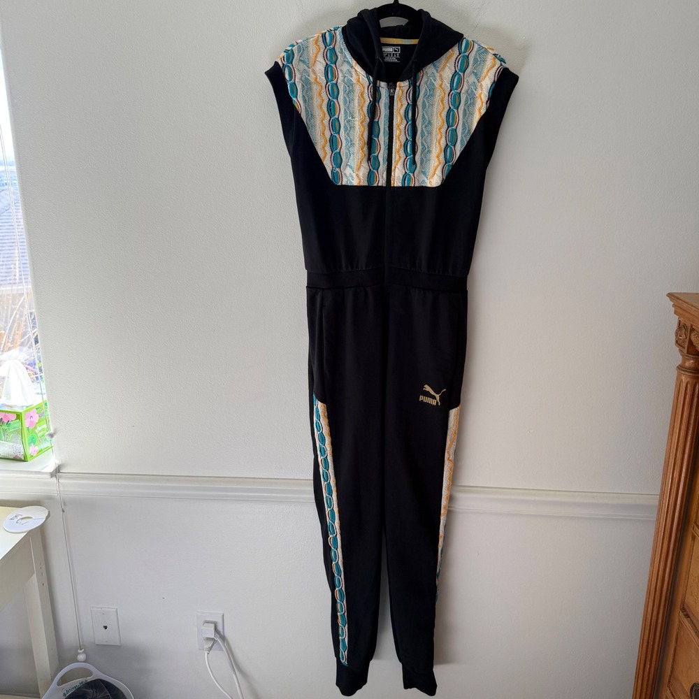 Puma x Coogi Women Black Hooded Sleeveless Jumpsuit Knit Panel Back Cutout Small